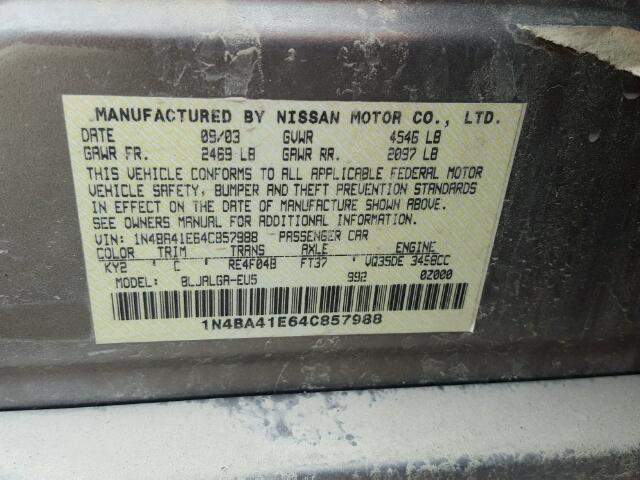 1N4BA41E64C857988 - 2004 NISSAN MAXIMA TAN photo 10