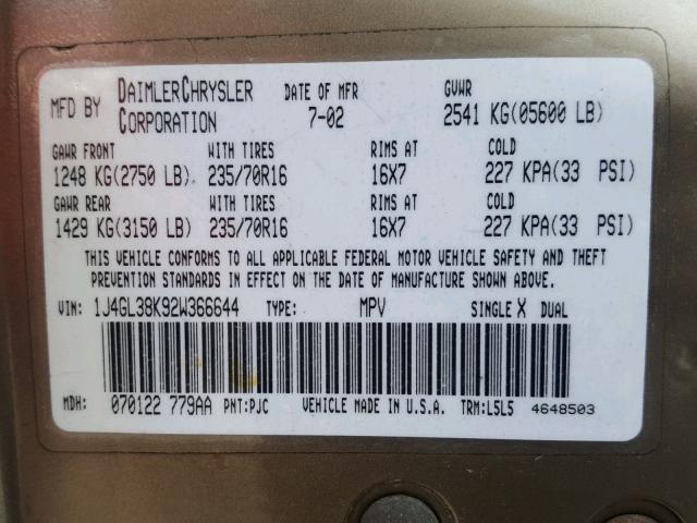 1J4GL38K92W366644 - 2002 JEEP LIBERTY RE BEIGE photo 10