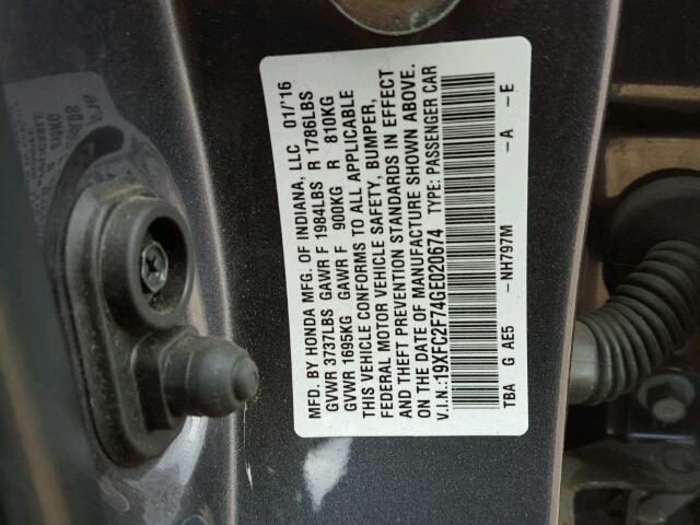 19XFC2F74GE020674 - 2016 HONDA CIVIC EX ნაცრისფერი ფოტო 10