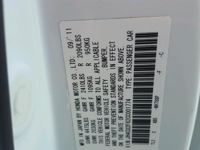 JH4CU2F62CC001774 - 2012 ACURA TSX TECH WHITE photo 10