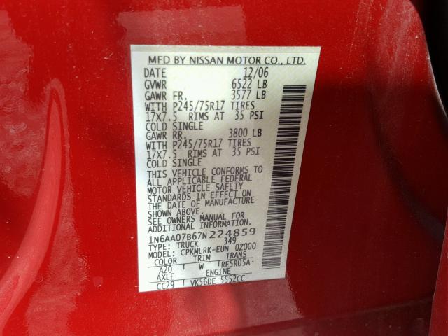 1N6AA07B67N224859 - 2007 NISSAN TITAN XE RED photo 10