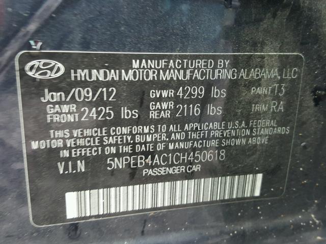 5NPEB4AC1CH450618 - 2012 HYUNDAI SONATA BLUE photo 10