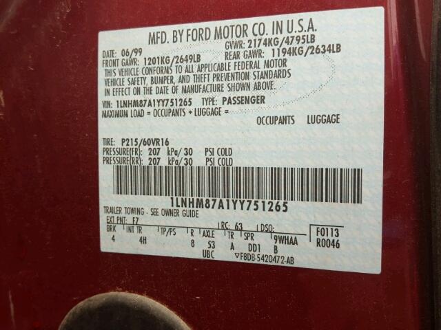 1LNHM87A1YY751265 - 2000 LINCOLN LS 栗色 照片 10