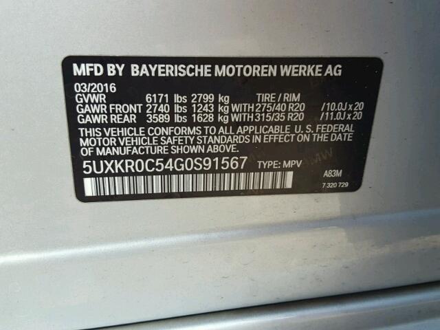 5UXKR0C54G0S91567 - 2016 BMW X5 XDRIVE3 GRAY photo 10