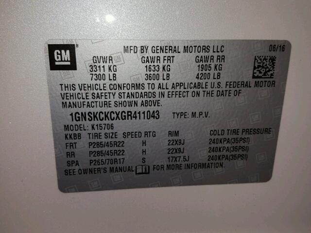 1GNSKCKCXGR411043 - 2016 CHEVROLET TAHOE K150 WHITE photo 10