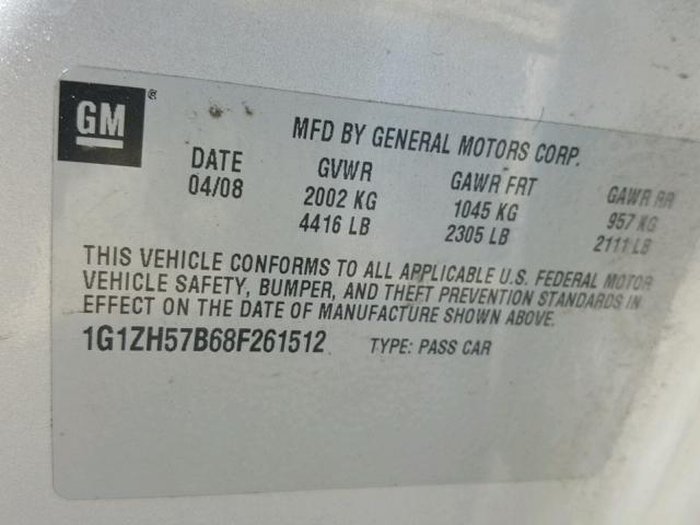 1G1ZH57B68F261512 - 2008 CHEVROLET MALIBU 1LT 银色 照片 10