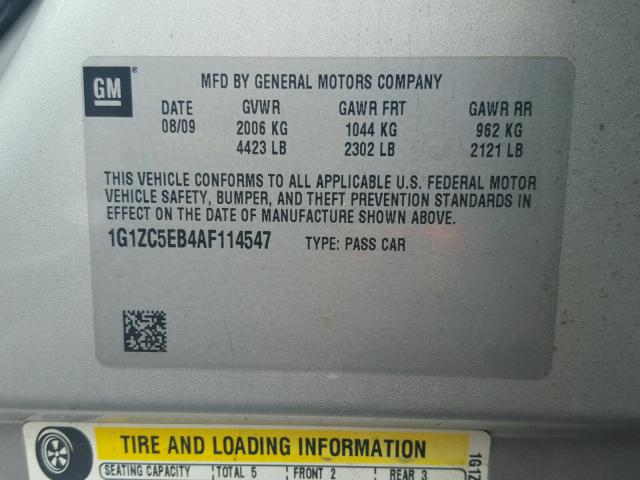 1G1ZC5EB4AF114547 - 2010 CHEVROLET MALIBU 1LT ვერცხლისფერი ფოტო 10