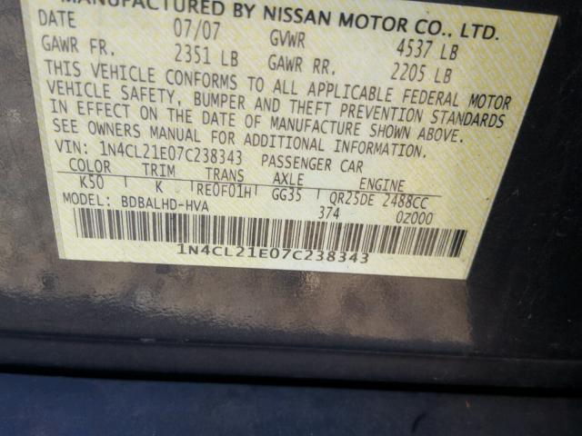 1N4CL21E07C238343 - 2007 NISSAN ALTIMA HYB CHARCOAL photo 10