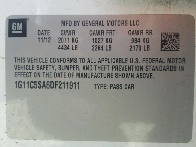 1G11C5SA6DF211911 - 2013 CHEVROLET MALIBU 1LT თეთრი ფოტო 10