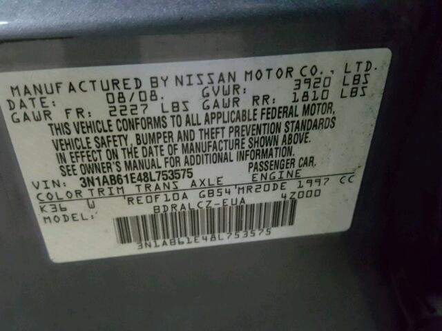 3N1AB61E48L753575 - 2008 NISSAN SENTRA 2.0 GRAY photo 10