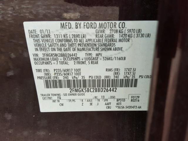 2FMGK5BC2BBD26442 - 2011 FORD FLEX SE MAROON photo 10