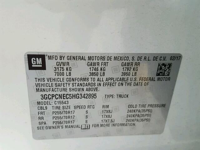 3GCPCNEC5HG342895 - 2017 CHEVROLET SILVERADO WHITE photo 10