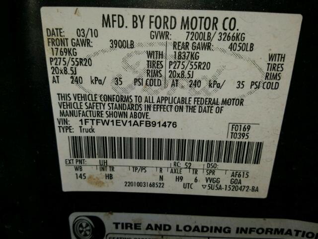 1FTFW1EV1AFB91476 - 2010 FORD F150 BLACK photo 10