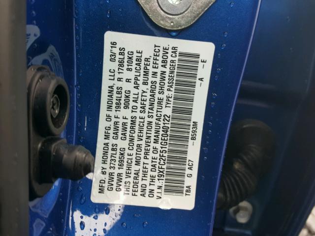 19XFC2F51GE040122 - 2016 HONDA CIVIC LX BLUE photo 10