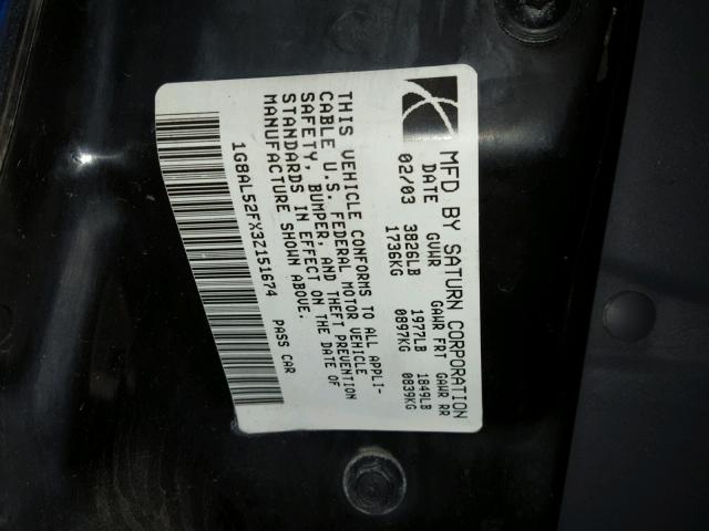 1G8AL52FX3Z151674 - 2003 SATURN ION LEVEL BLUE photo 10