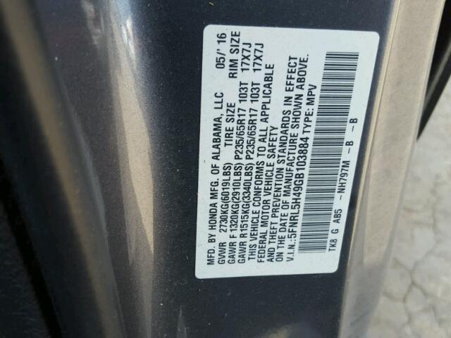 5FNRL5H49GB103884 - 2016 HONDA ODYSSEY GRAY photo 10