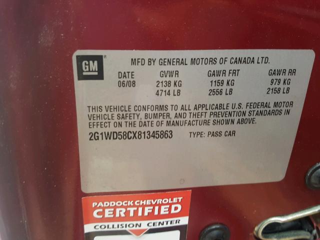 2G1WD58CX81345863 - 2008 CHEVROLET IMPALA SUP 红色 照片 10