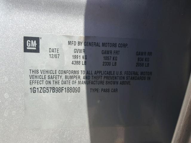 1G1ZG57B98F188090 - 2008 CHEVROLET MALIBU LS GRAY photo 10