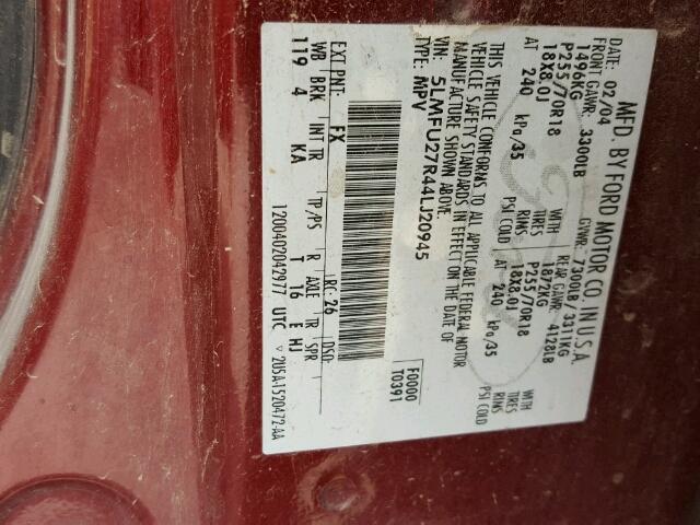 5LMFU27R44LJ20945 - 2004 LINCOLN NAVIGATOR 栗色 照片 10