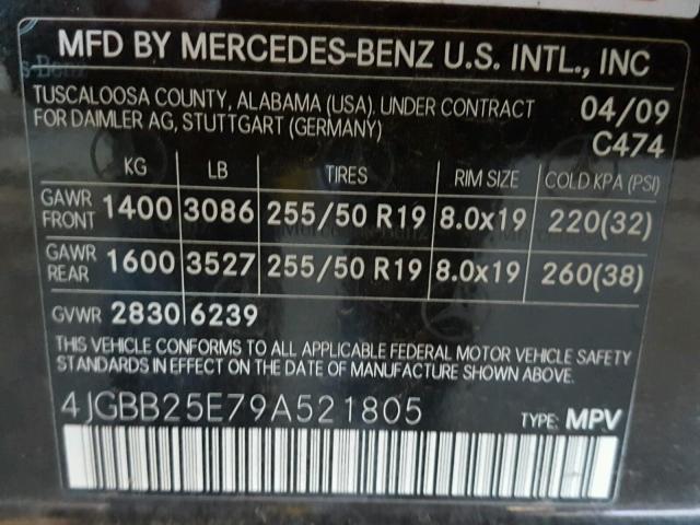 4JGBB25E79A521805 - 2009 MERCEDES-BENZ ML BLACK photo 10