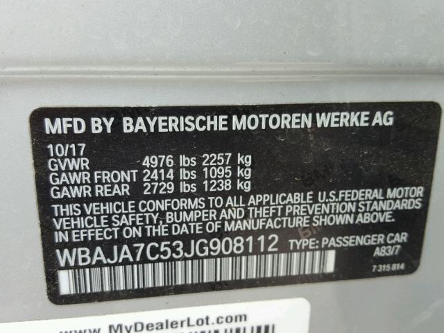 WBAJA7C53JG908112 - 2018 BMW 530 XI SILVER photo 10