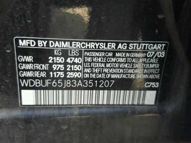 WDBUF65J83A351207 - 2003 MERCEDES-BENZ E 320 GRAY photo 10