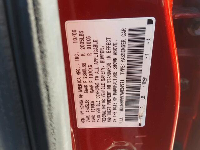 1HGCM66557A024971 - 2007 HONDA ACCORD RED photo 10