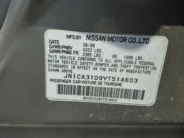 JN1CA31D9YT514603 - 2000 NISSAN MAXIMA GXE GRAY photo 10