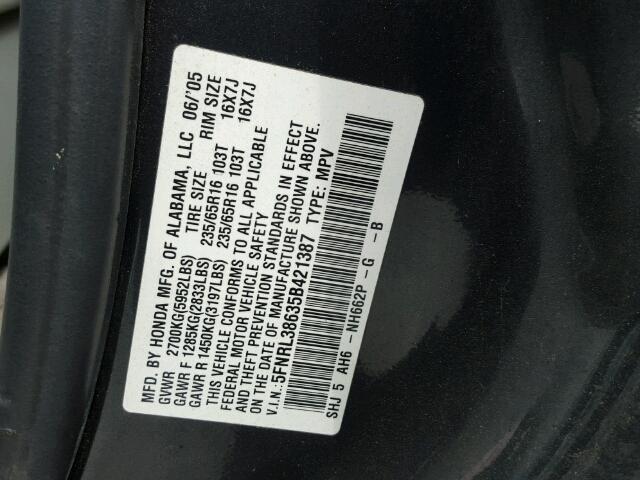 5FNRL38635B421387 - 2005 HONDA ODYSSEY EX GRAY photo 10