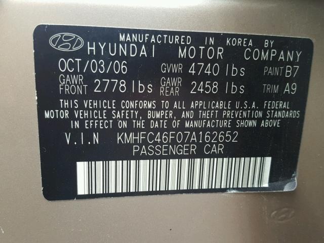 KMHFC46F07A162652 - 2007 HYUNDAI AZERA SE TAN photo 10