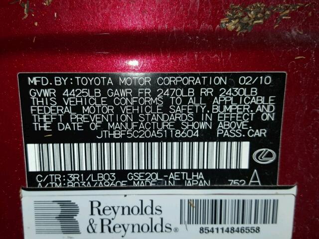 JTHBF5C20A5118604 - 2010 LEXUS IS RED photo 10