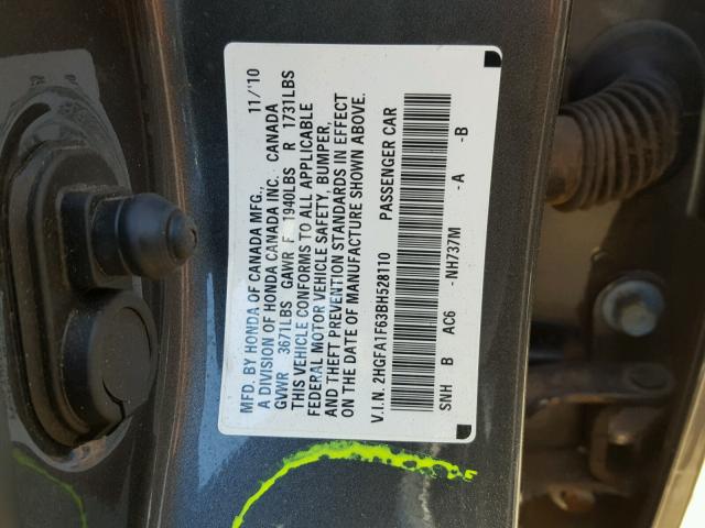 2HGFA1F63BH528110 - 2011 HONDA CIVIC LX-S Gris foto 10