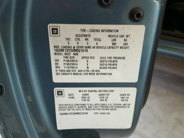 1G2NE12T2VM521018 - 1997 PONTIAC GRAND AM S Turkuaz foto 10