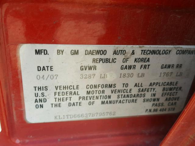 KL1TD66637B795762 - 2007 CHEVROLET AVEO BASE Qırmızı foto 10