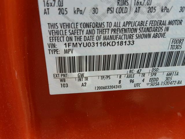 1FMYU03116KD18133 - 2006 FORD ESCAPE ORANGE photo 10