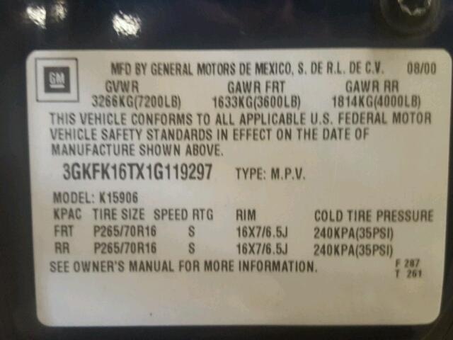 3GKFK16TX1G119297 - 2001 GMC YUKON XL K BLUE photo 10