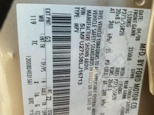 5LMFU27538LJ16713 - 2008 LINCOLN NAVIGATOR 金色 照片 10