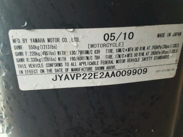 JYAVP22E2AA009909 - 2010 YAMAHA XV1900 CT BLACK photo 10