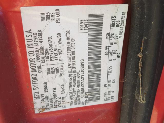 5LMRU27AXYLJ08893 - 2000 LINCOLN NAVIGATOR Czerwony zdjęcie 10