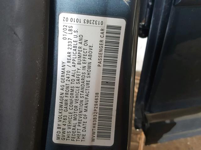 WVWTH63B32P294638 - 2002 VOLKSWAGEN PASSAT GLX 蓝色 照片 10