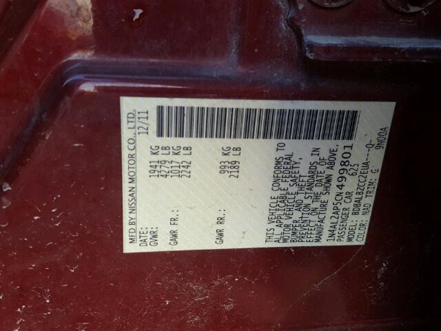 1N4AL2AP5CN499801 - 2012 NISSAN ALTIMA BAS MAROON photo 10