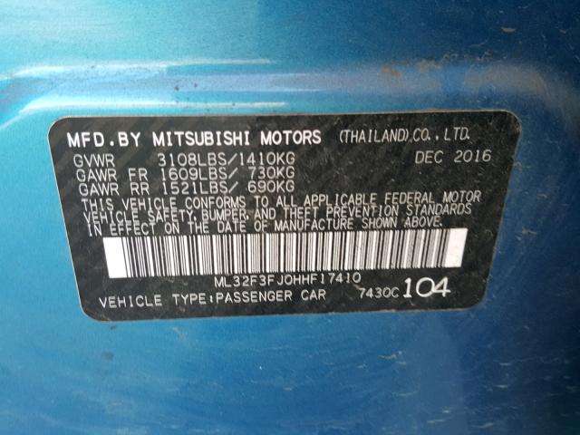 ML32F3FJ0HHF17410 - 2017 MITSUBISHI MIRAGE G4 BLUE photo 10