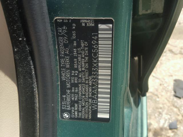 WBAAM3333XKC56941 - 1999 BMW 323I GREEN photo 10