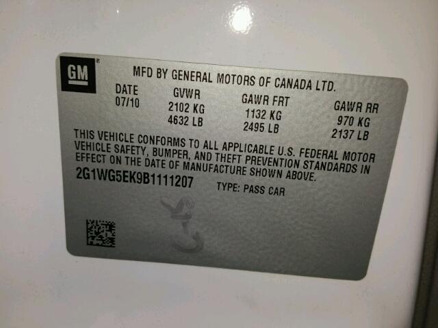 2G1WG5EK9B1111207 - 2011 CHEVROLET IMPALA WHITE photo 10