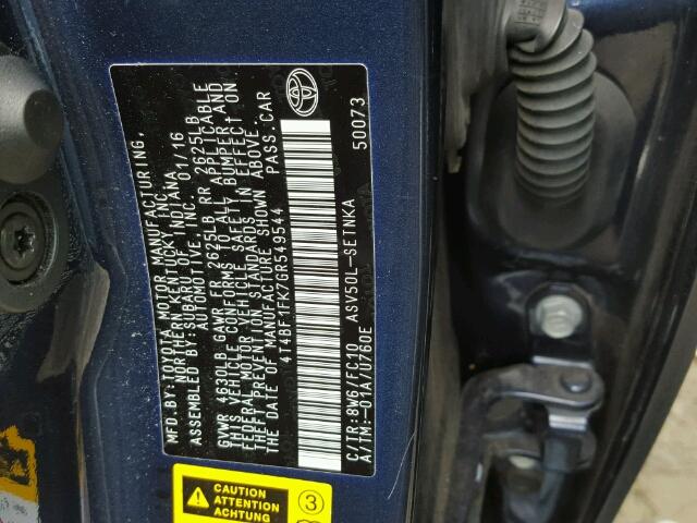 4T4BF1FK7GR549544 - 2016 TOYOTA CAMRY LE BLUE photo 10