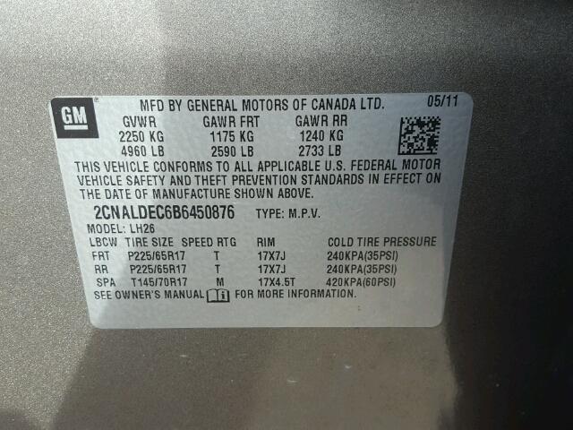 2CNALDEC6B6450876 - 2011 CHEVROLET EQUINOX LT BROWN photo 10