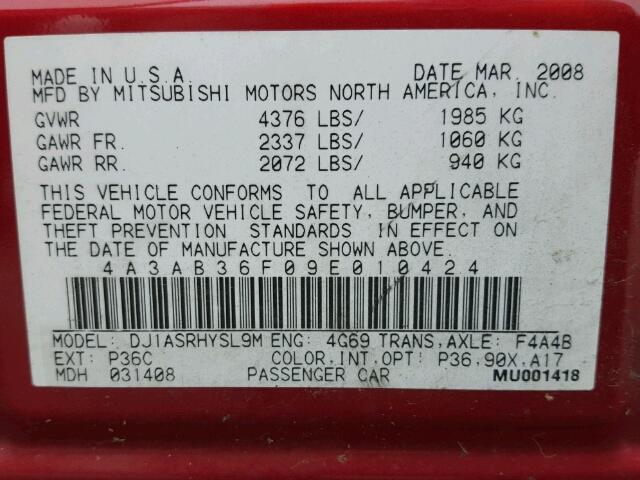 4A3AB36F09E010424 - 2009 MITSUBISHI GALANT ES RED photo 10