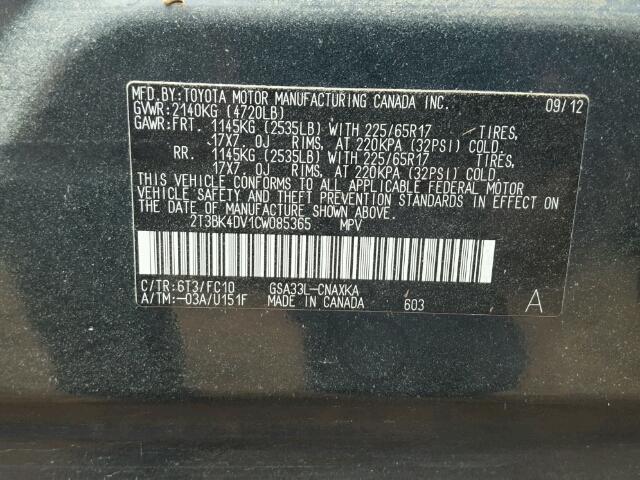 2T3BK4DV1CW085365 - 2012 TOYOTA RAV4 GRAY photo 10