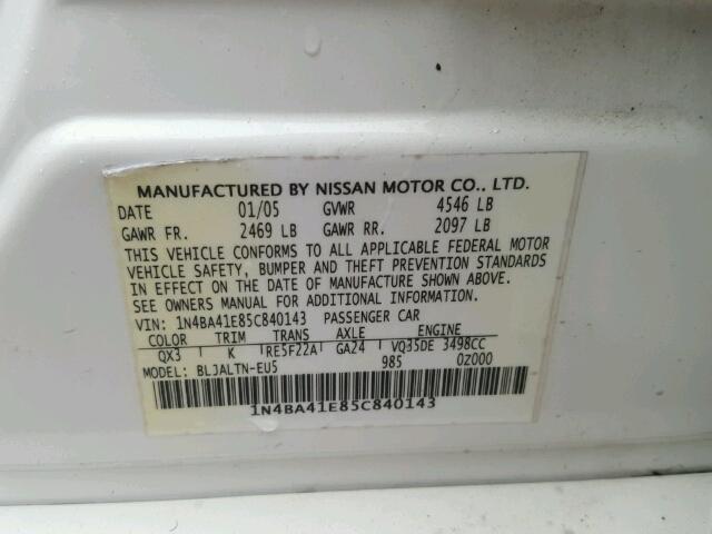 1N4BA41E85C840143 - 2005 NISSAN MAXIMA SE WHITE photo 10