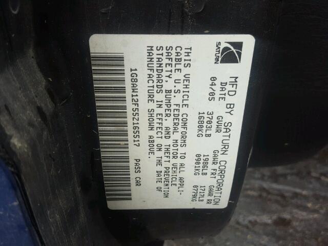 1G8AW12F55Z165517 - 2005 SATURN ION LEVEL BLUE photo 10